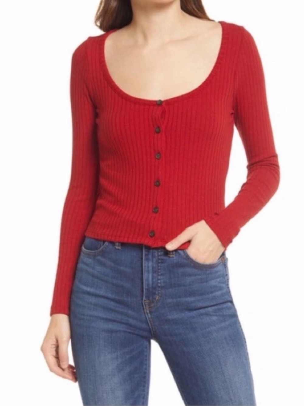 Madewell Ribbed Cardigan Crop Tee in True Red - Size Medium